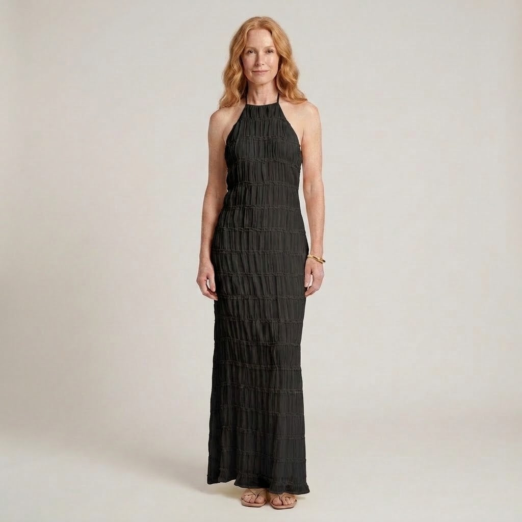 Women's White Halter Neck Maxi Dress — Textured Sleeveless Wedding Guest & Occasion Dress