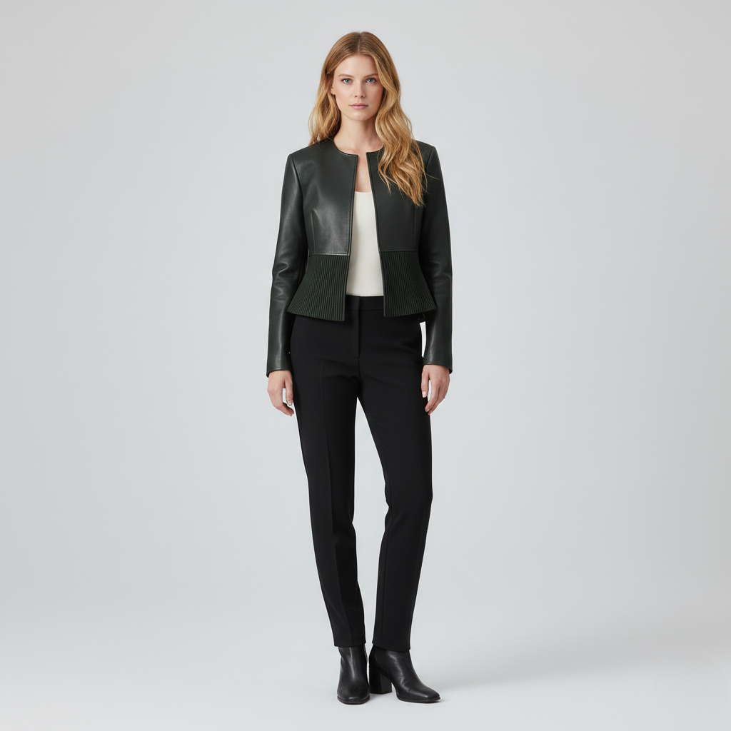 Pleated Hem Cropped Leather Jacket