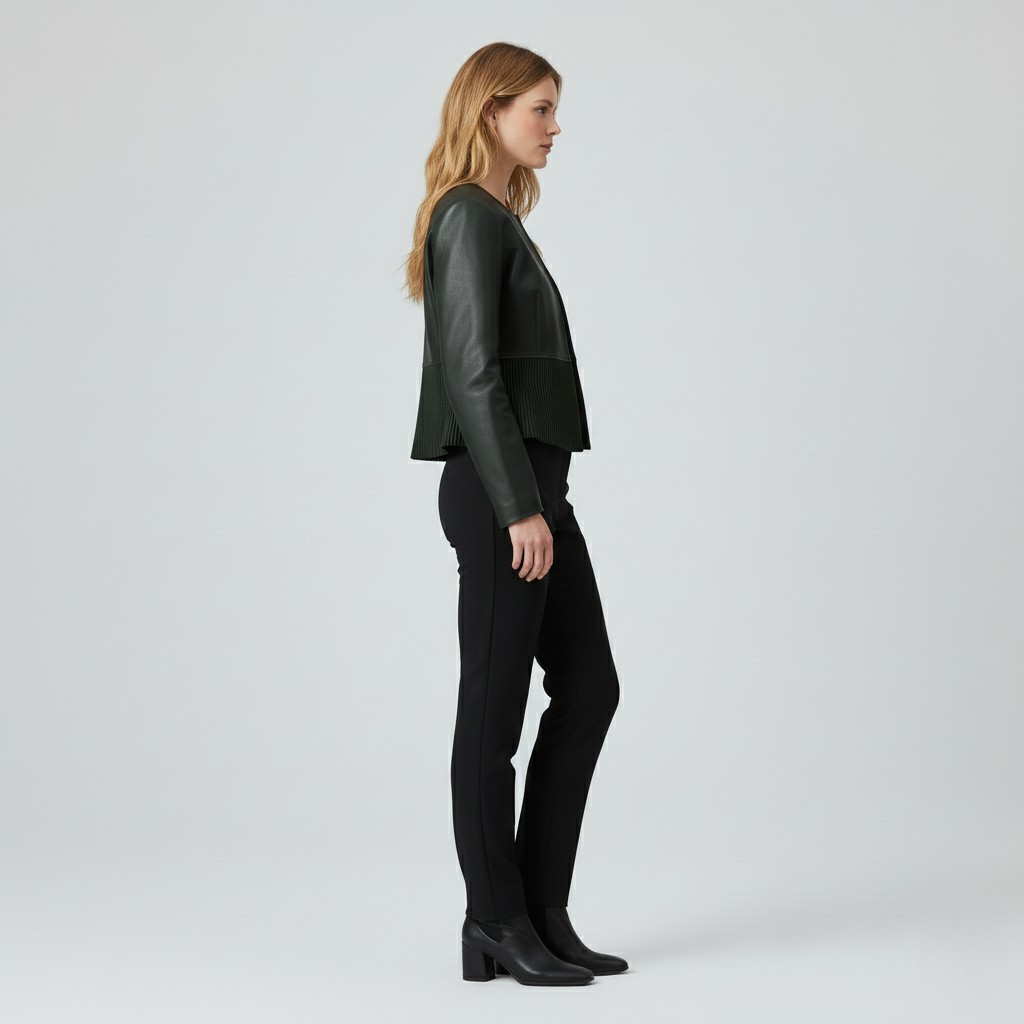 Pleated Hem Cropped Leather Jacket