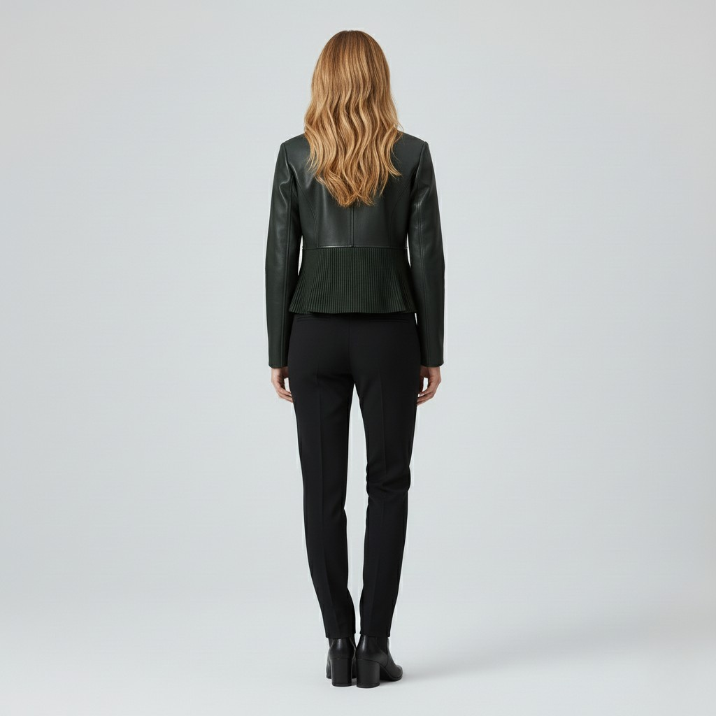 Pleated Hem Cropped Leather Jacket