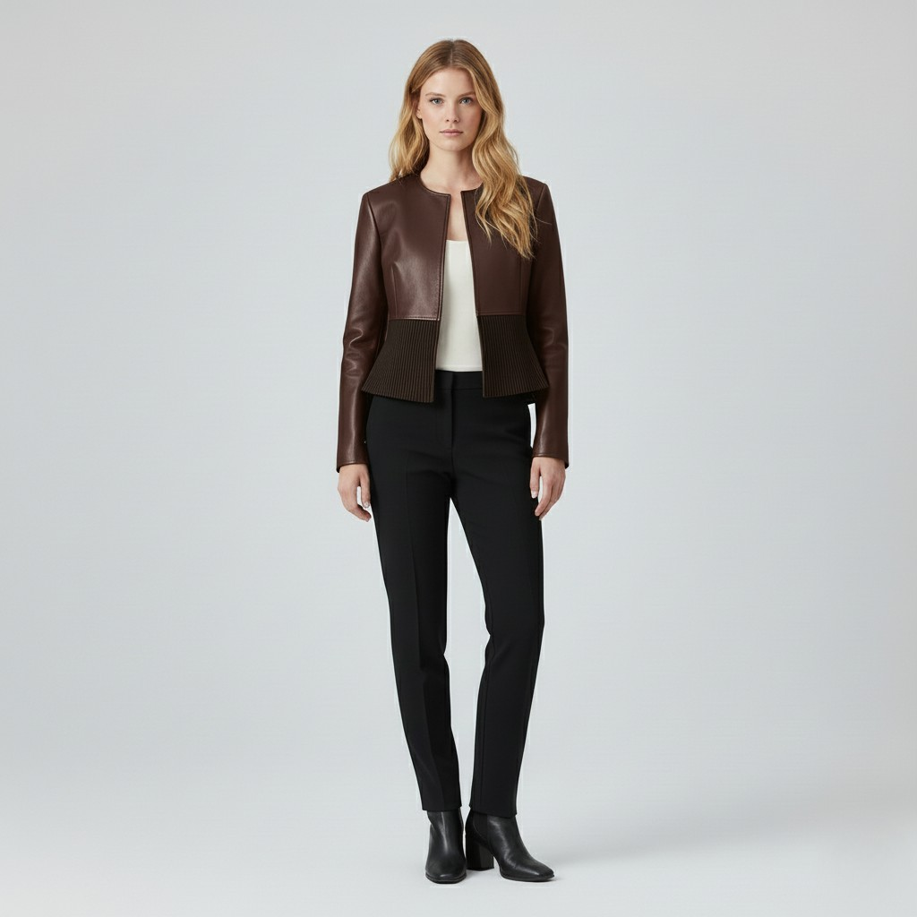 Pleated Hem Cropped Leather Jacket