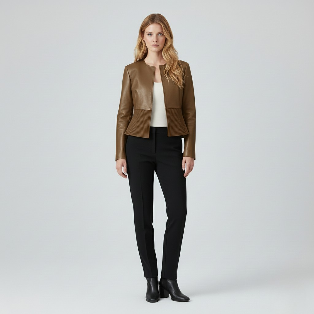 Pleated Hem Cropped Leather Jacket