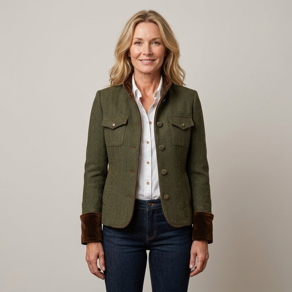Women's Green Herringbone Jacket — Fitted Military Style Utility Blazer