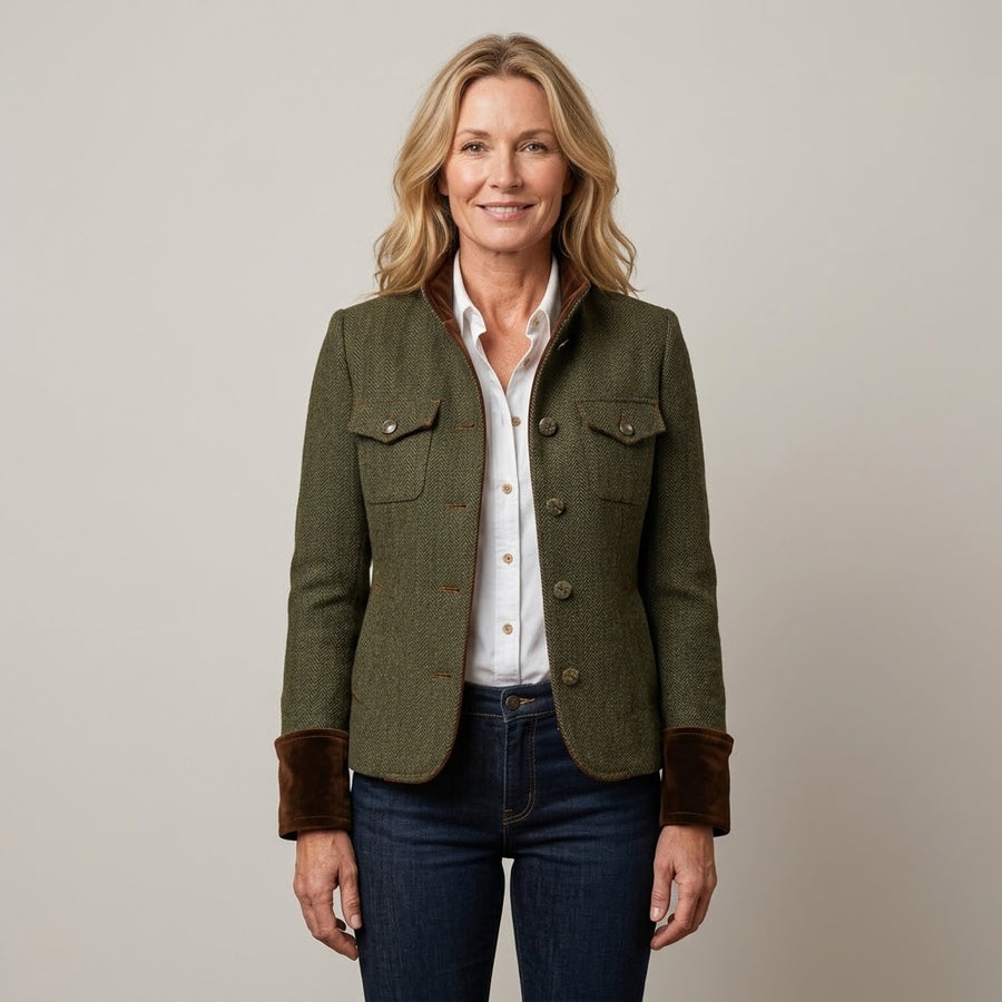 Women's Green Herringbone Jacket — Fitted Military Style Utility Blazer