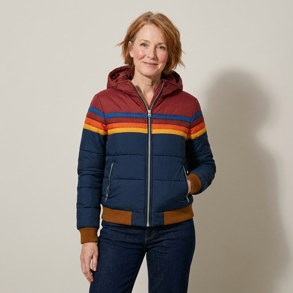 RETRO STRIPED PUFFER JACKET FOR WOMEN