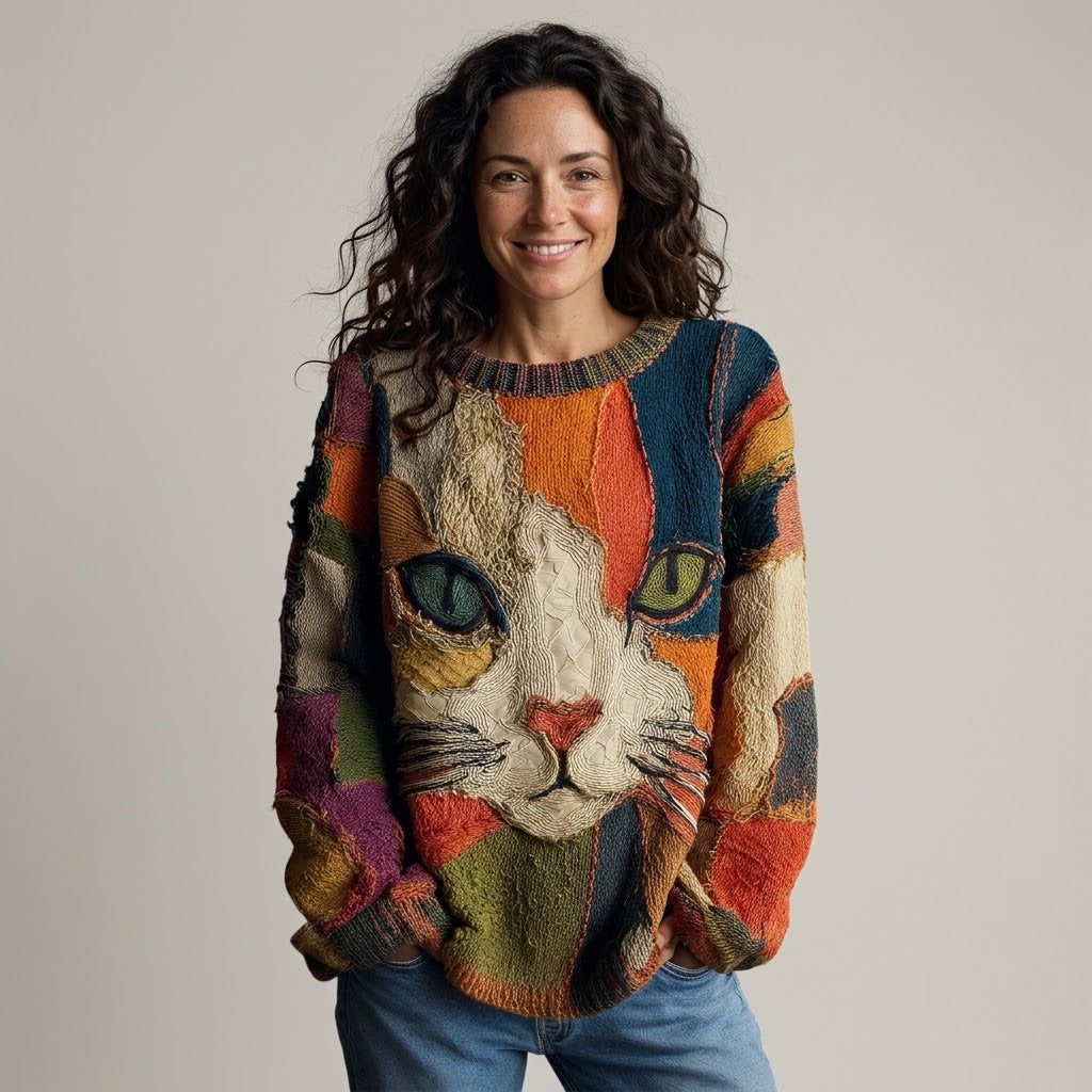 Women's Cat Jumper — Colourful Patchwork Knit Cat Face Sweater Round Neck