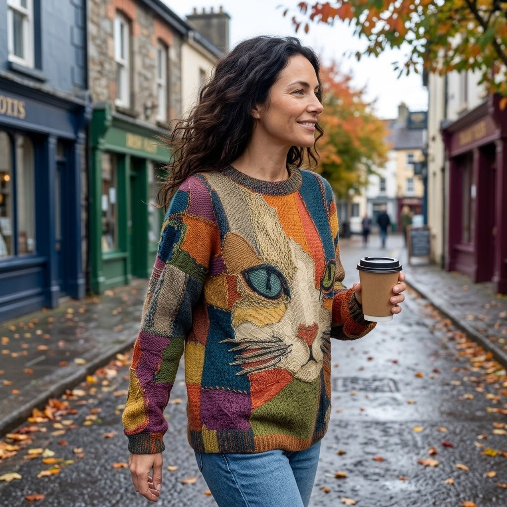 Women's Cat Jumper — Colourful Patchwork Knit Cat Face Sweater Round Neck