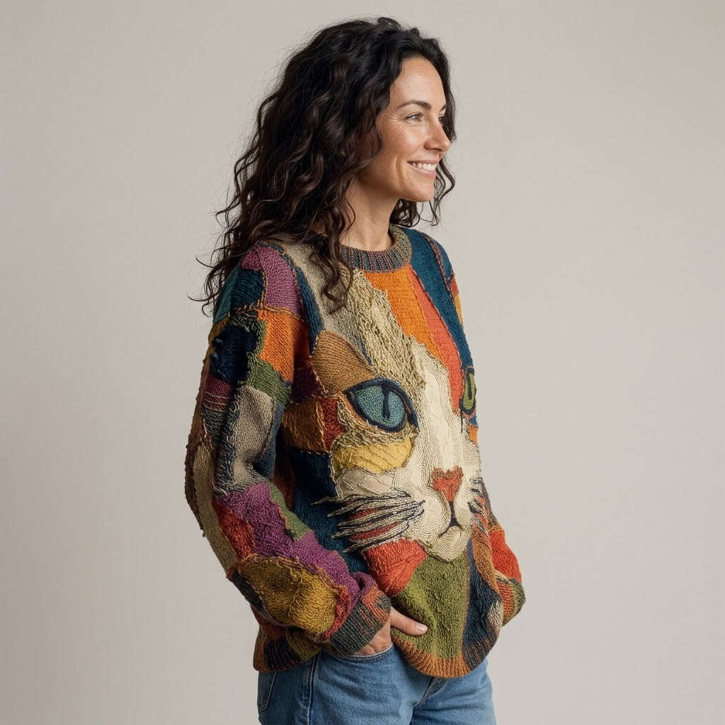 Women's Cat Jumper — Colourful Patchwork Knit Cat Face Sweater Round Neck