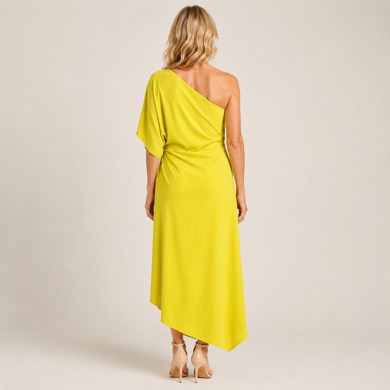 Women's Yellow Asymmetric Dress — Fluid Summer Occasion Dress with Draped Hem
