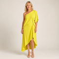 Women's Yellow Asymmetric Dress — Fluid Summer Occasion Dress with Draped Hem