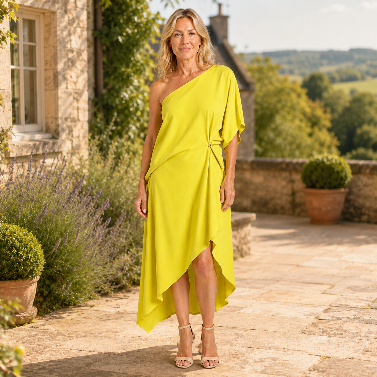 Women's Yellow Asymmetric Dress — Fluid Summer Occasion Dress with Draped Hem