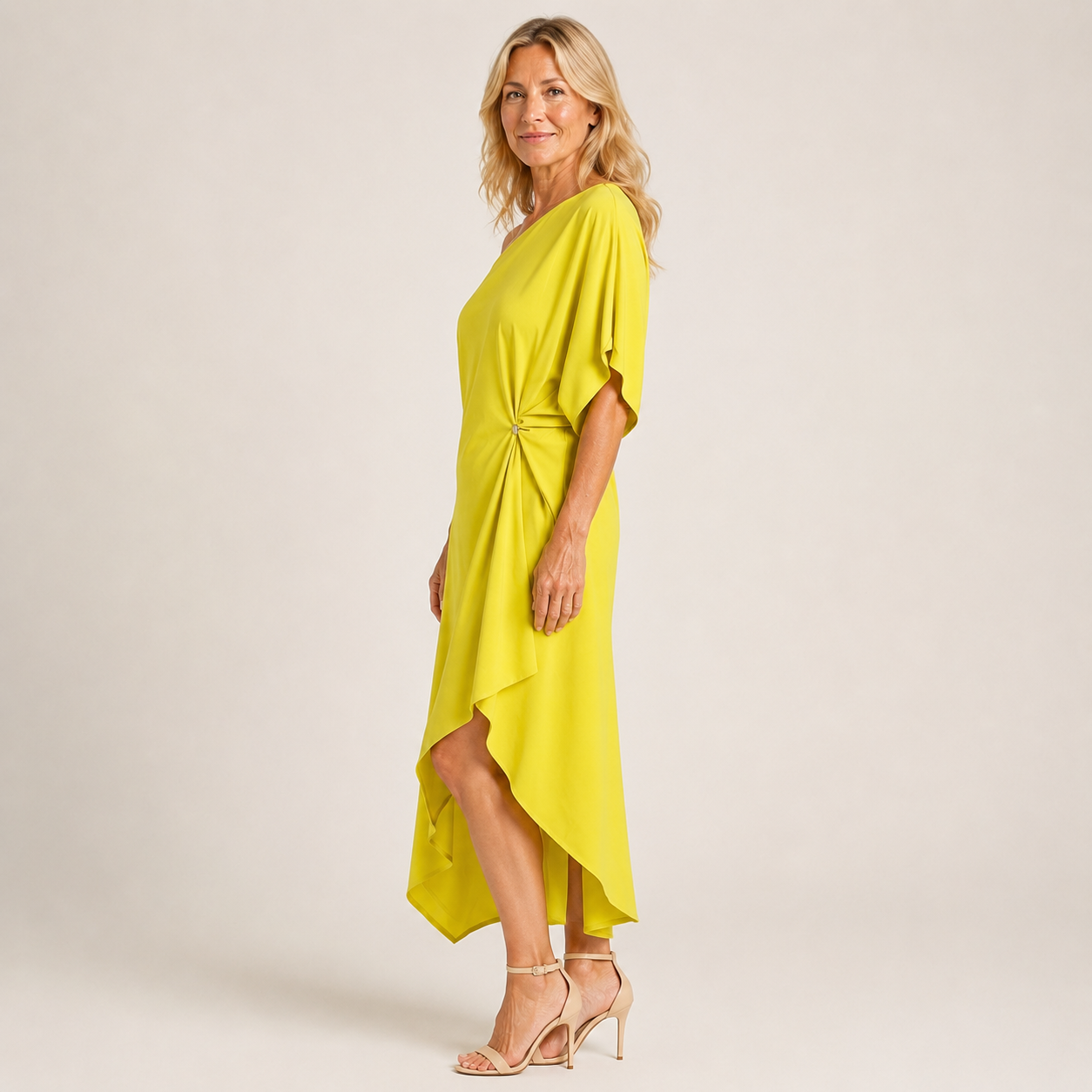 Women's Yellow Asymmetric Dress — Fluid Summer Occasion Dress with Draped Hem