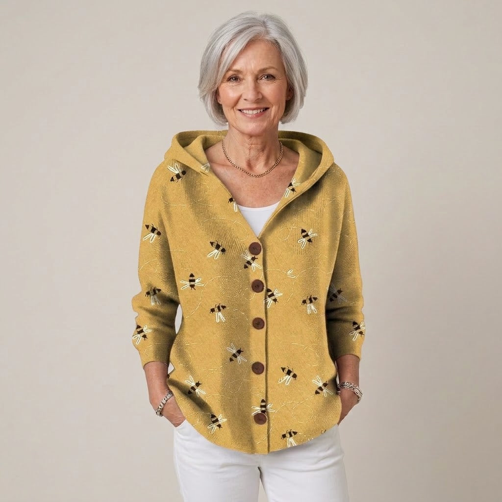 Women's Sage Green Hooded Cardigan — Floral Print Button Front Soft Knit Jacket