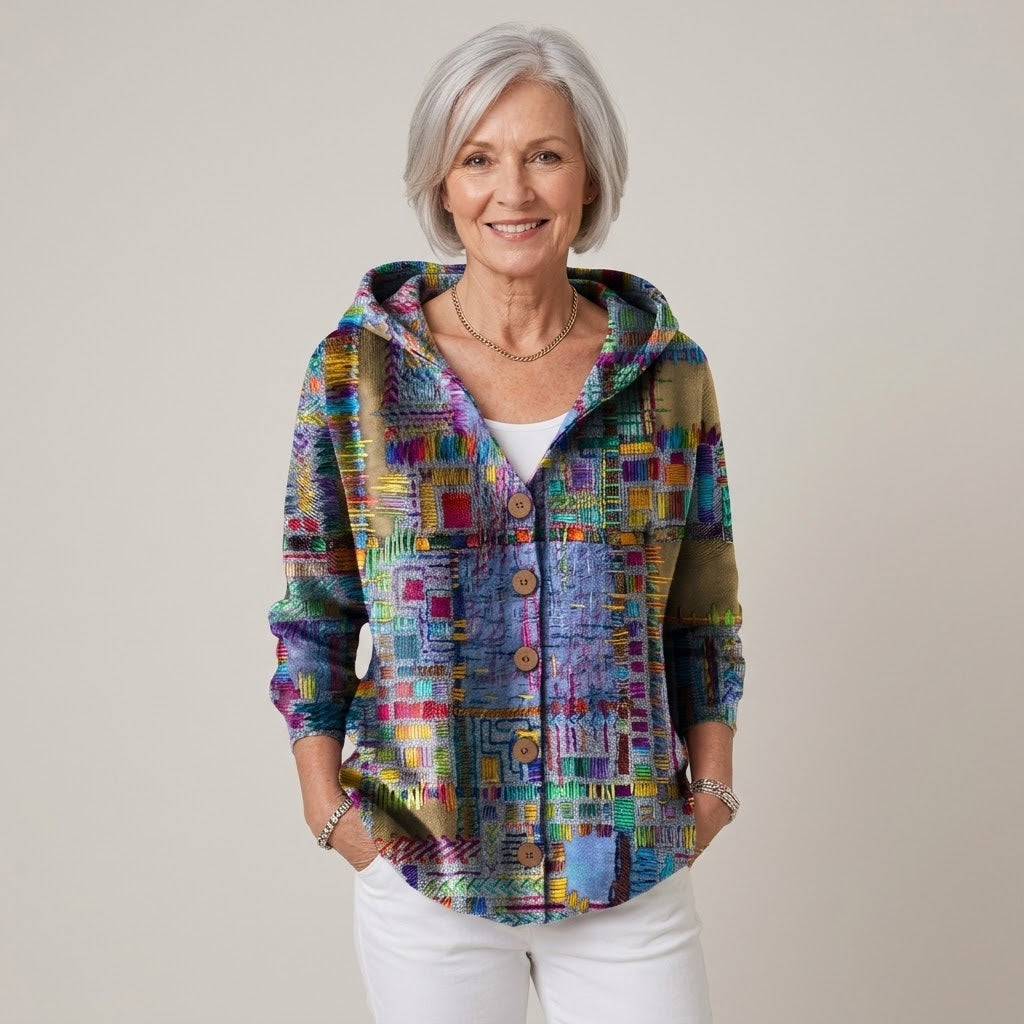 Women's Sage Green Hooded Cardigan — Floral Print Button Front Soft Knit Jacket