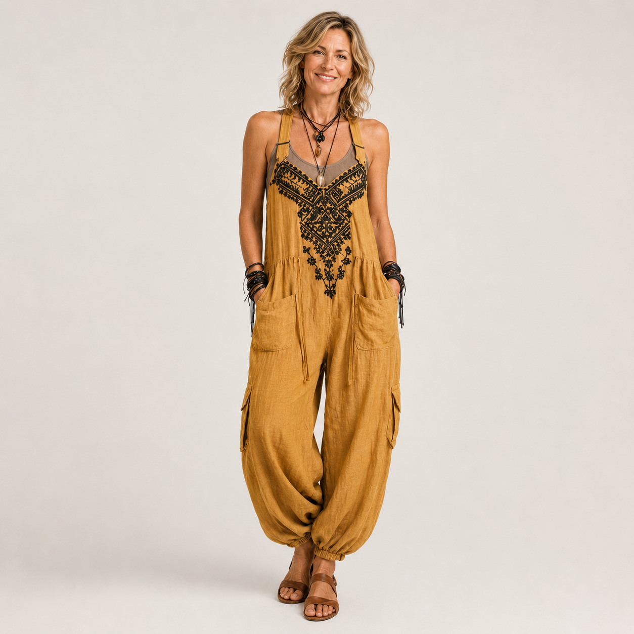 Clara Boho Embroidered Jumpsuit — Women's Harem Dungarees Playsuit