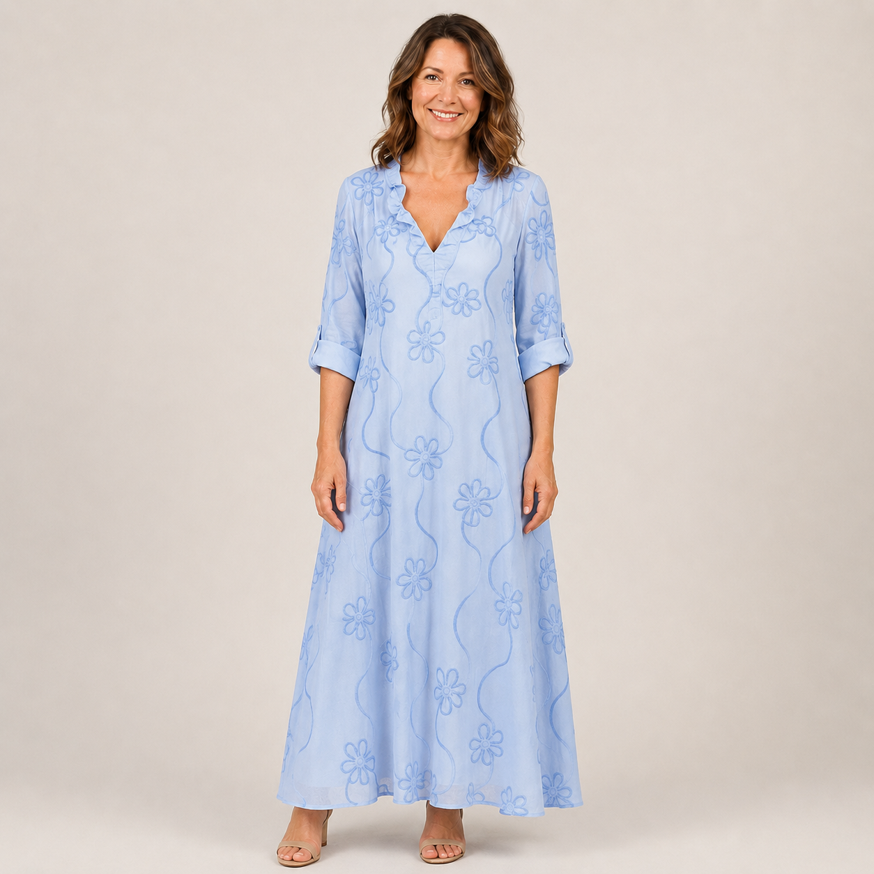 Clara Boho Floral Maxi Dress — Women's Embroidered V Neck Summer Dress