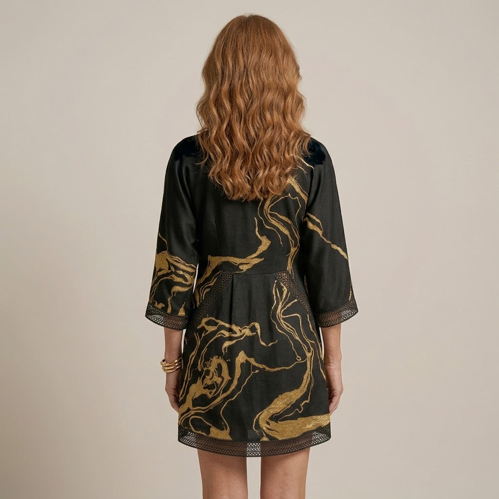 Women's Black Gold Print Tunic Dress — Boho V-Neck Three-Quarter Sleeve Mini Kaftan Dress