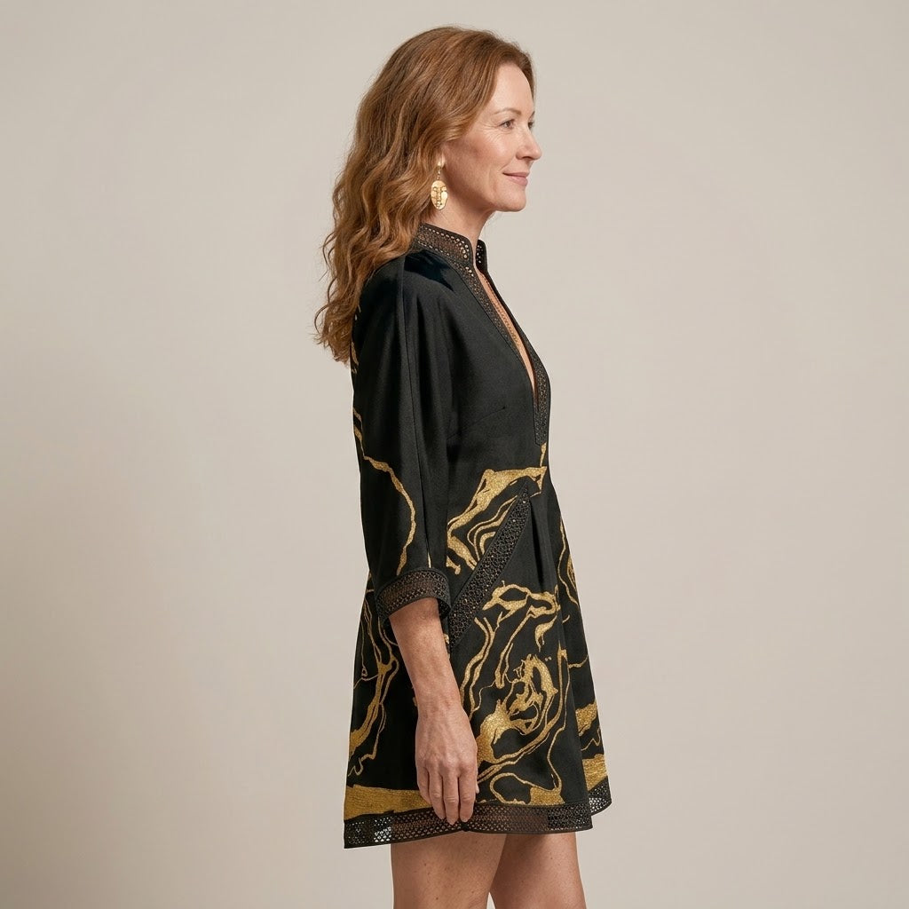 Women's Black Gold Print Tunic Dress — Boho V-Neck Three-Quarter Sleeve Mini Kaftan Dress