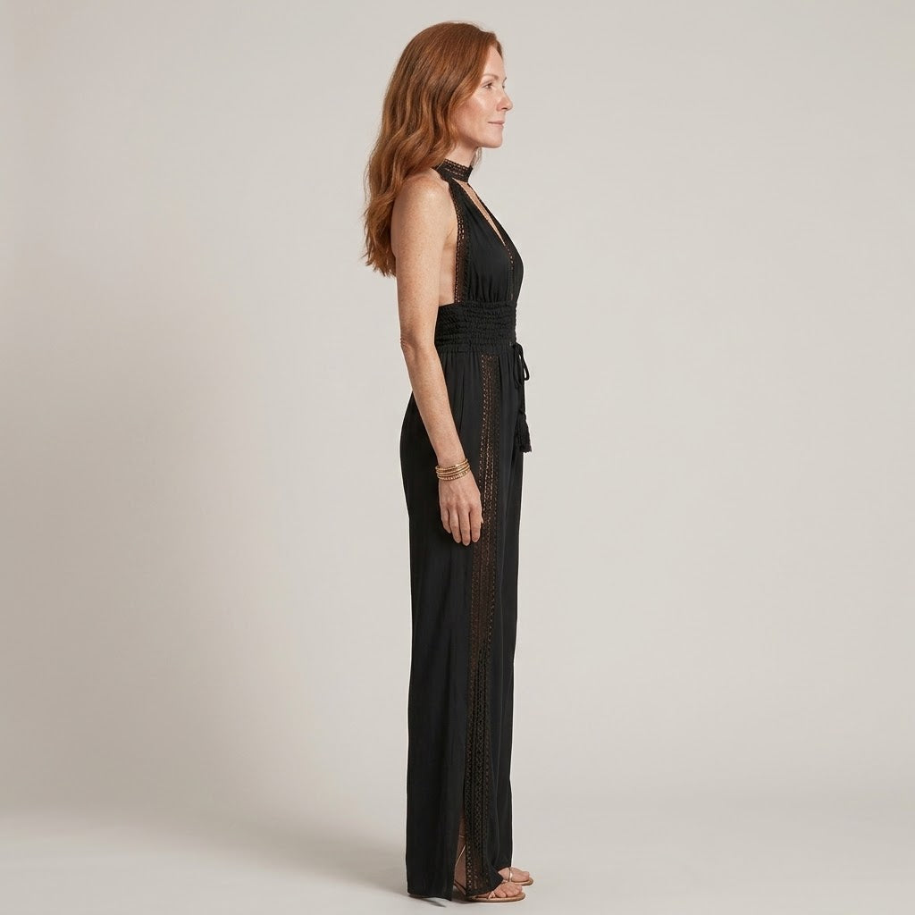 Women's Black Boho Jumpsuit — Halter Neck Deep V Lace Wide-Leg Occasion Jumpsuit
