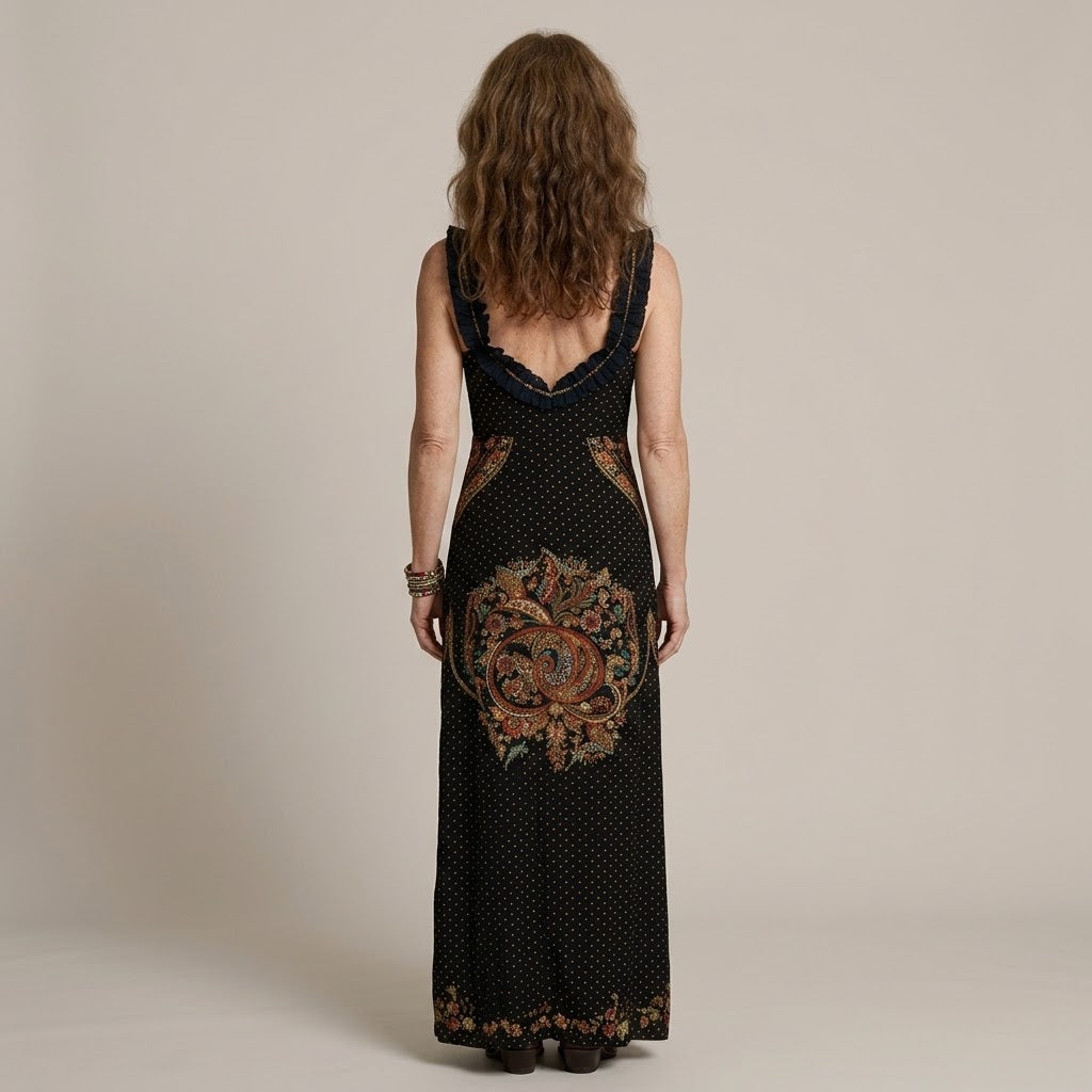 Women's Black Boho Maxi Dress — Paisley Print Deep V-Neck High Slit Occasion Dress
