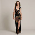 Women's Black Boho Maxi Dress — Paisley Print Deep V-Neck High Slit Occasion Dress