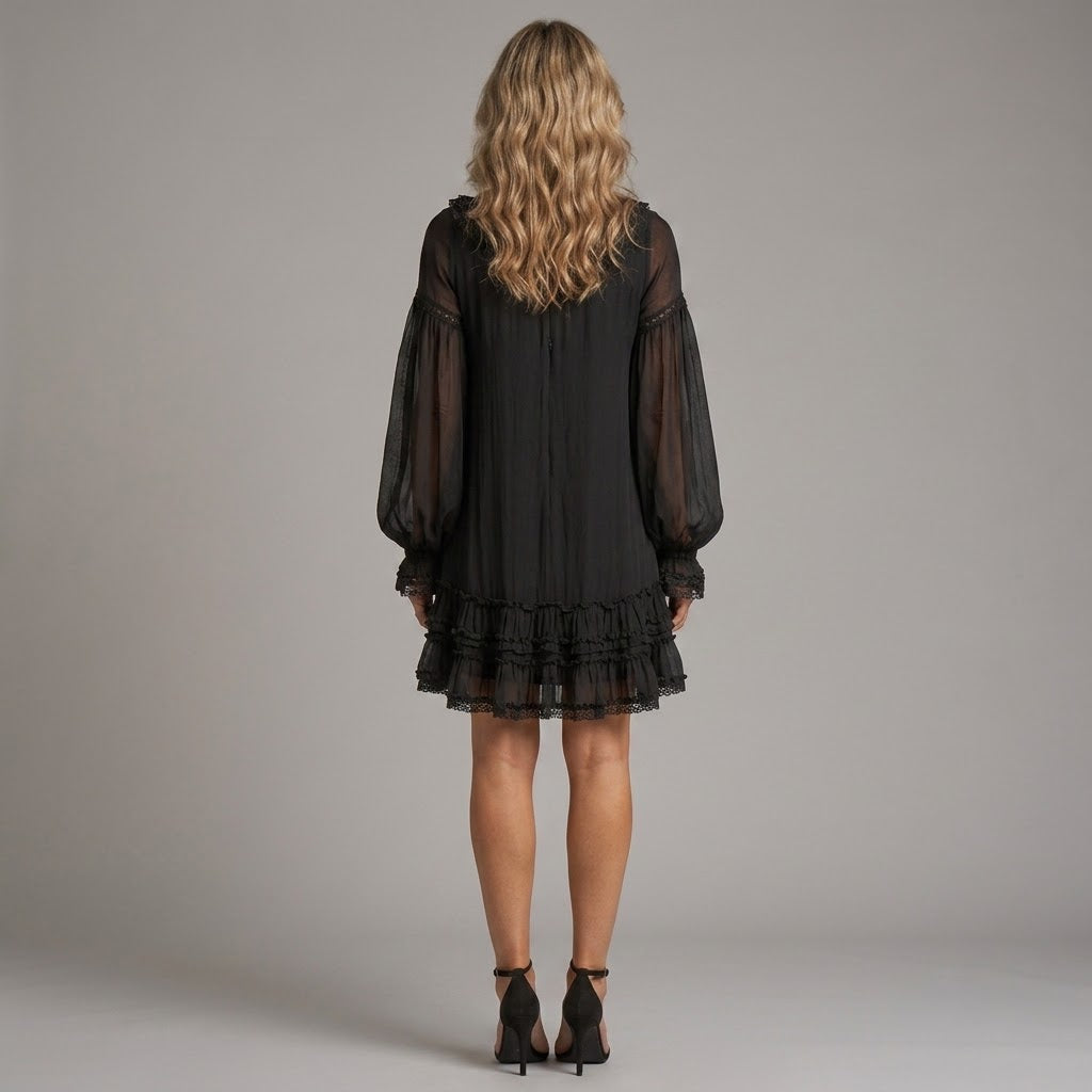 Women's Black Boho Mini Dress — V-Neck Sheer Balloon Sleeve Ruffle Occasion Dress