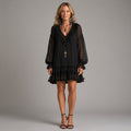 Women's Black Boho Mini Dress — V-Neck Sheer Balloon Sleeve Ruffle Occasion Dress