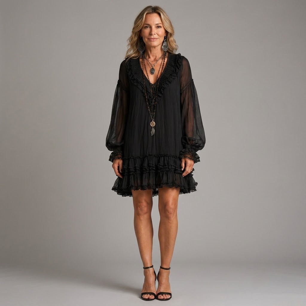 Women's Black Boho Mini Dress — V-Neck Sheer Balloon Sleeve Ruffle Occasion Dress