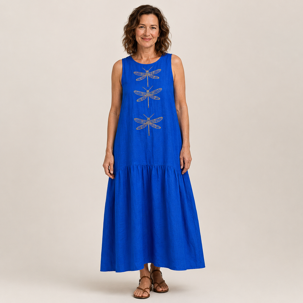 Women's Blue Boho Maxi Dress — Sleeveless Flowing Summer Dress with Dragonfly Detail