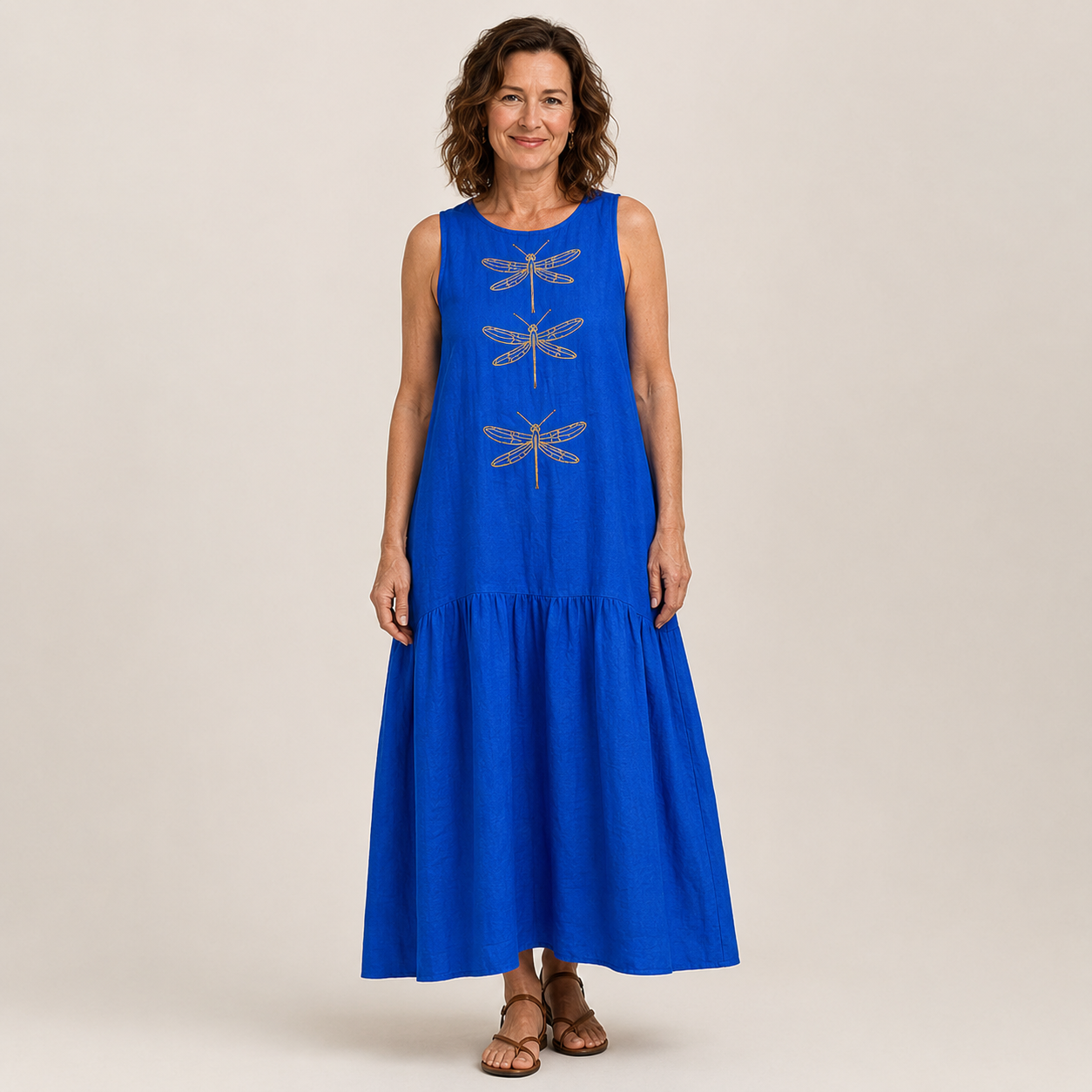 Women's Blue Boho Maxi Dress — Sleeveless Flowing Summer Dress with Dragonfly Detail