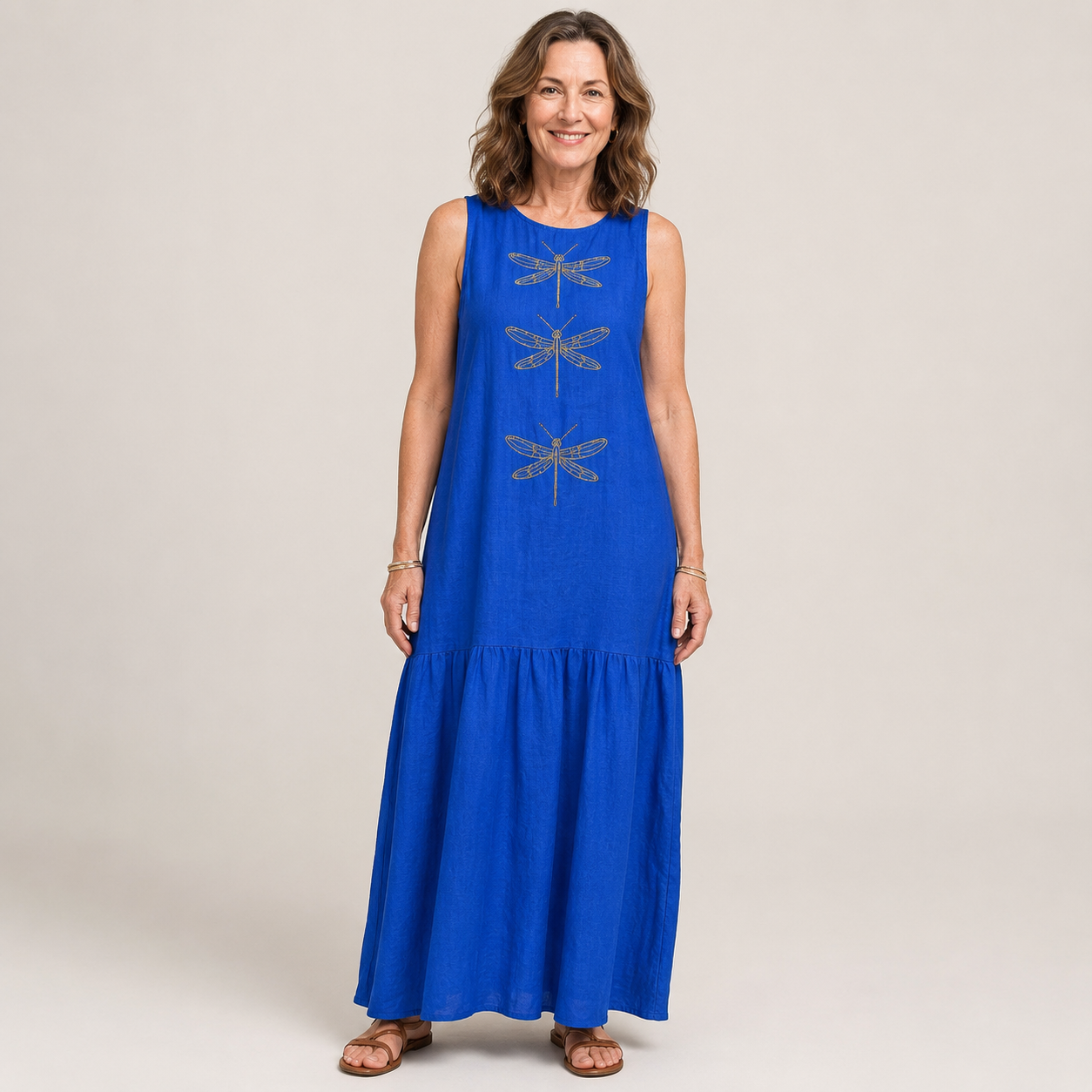 Women's Blue Boho Maxi Dress — Sleeveless Flowing Summer Dress with Dragonfly Detail