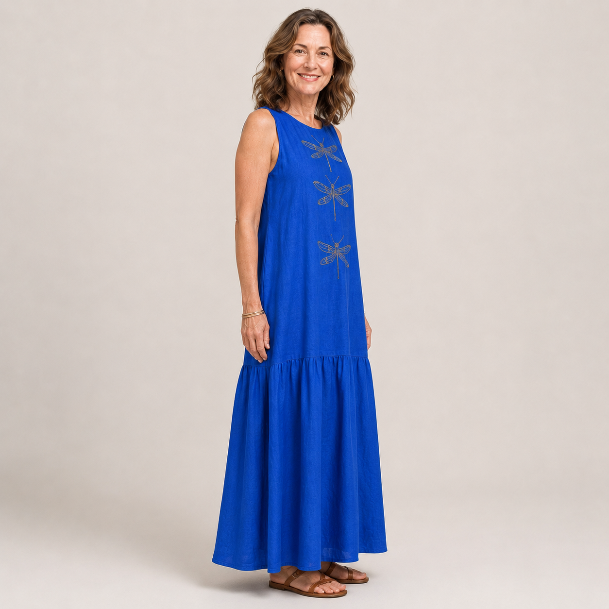 Women's Blue Boho Maxi Dress — Sleeveless Flowing Summer Dress with Dragonfly Detail
