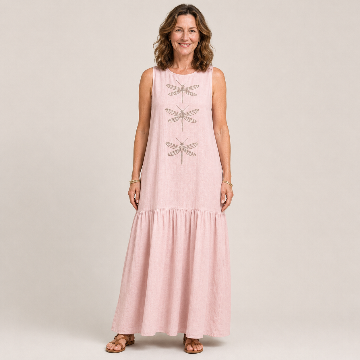 Women's Blue Boho Maxi Dress — Sleeveless Flowing Summer Dress with Dragonfly Detail