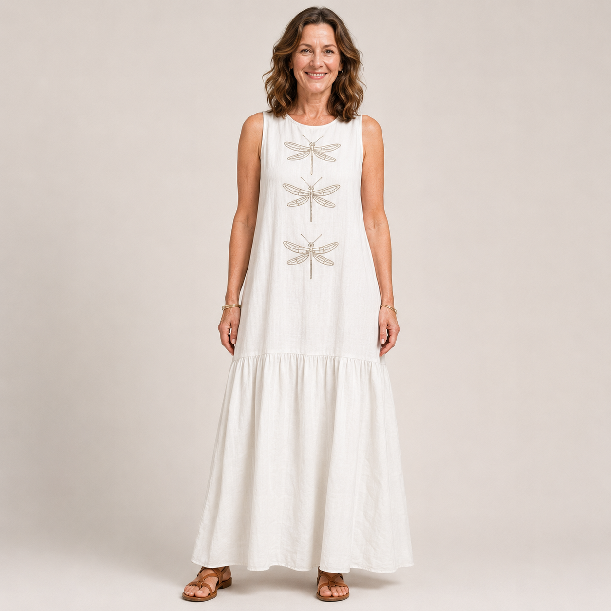 Women's Blue Boho Maxi Dress — Sleeveless Flowing Summer Dress with Dragonfly Detail