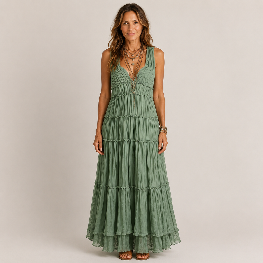 Clara Boho Tiered Maxi Dress — Women's Sleeveless V-Neck Summer Dress