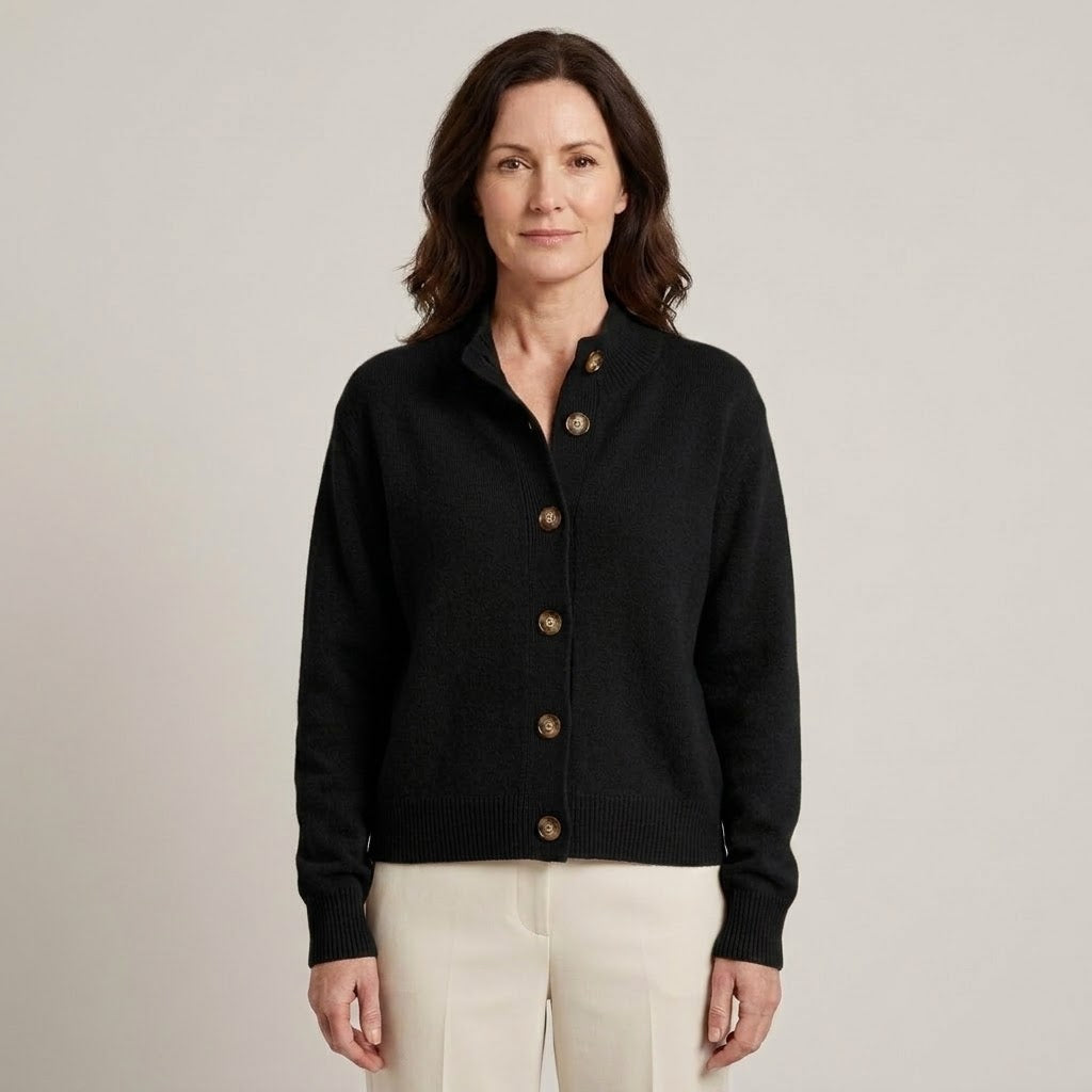 Women's Camel Button Cardigan — Soft Knit High Neck Relaxed Cardigan