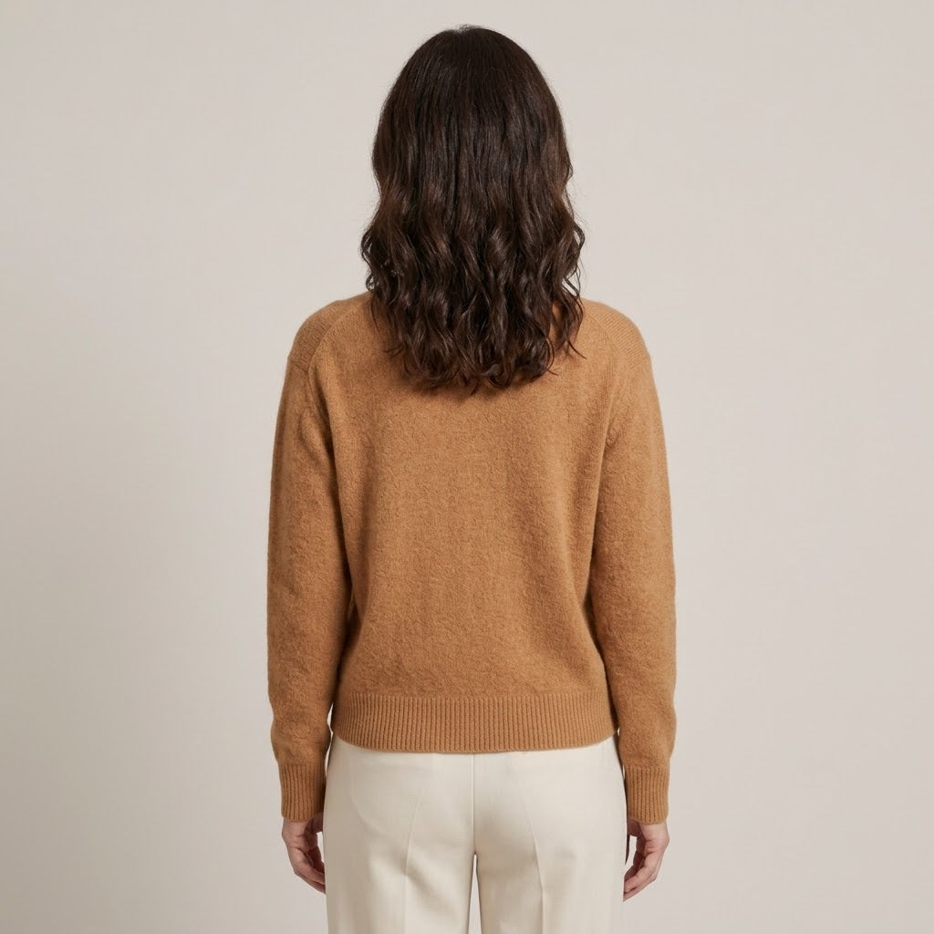 Women's Camel Button Cardigan — Soft Knit High Neck Relaxed Cardigan