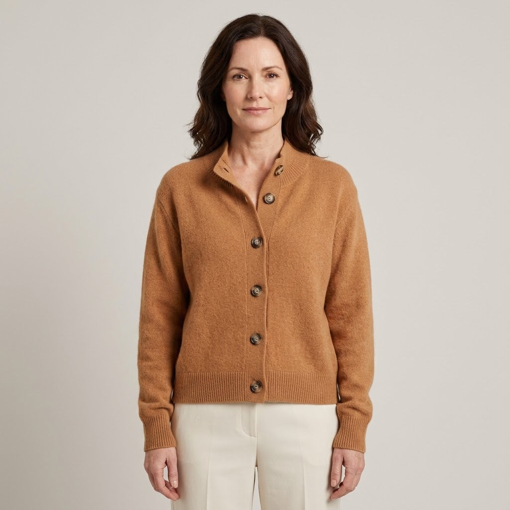 Women's Camel Button Cardigan — Soft Knit High Neck Relaxed Cardigan