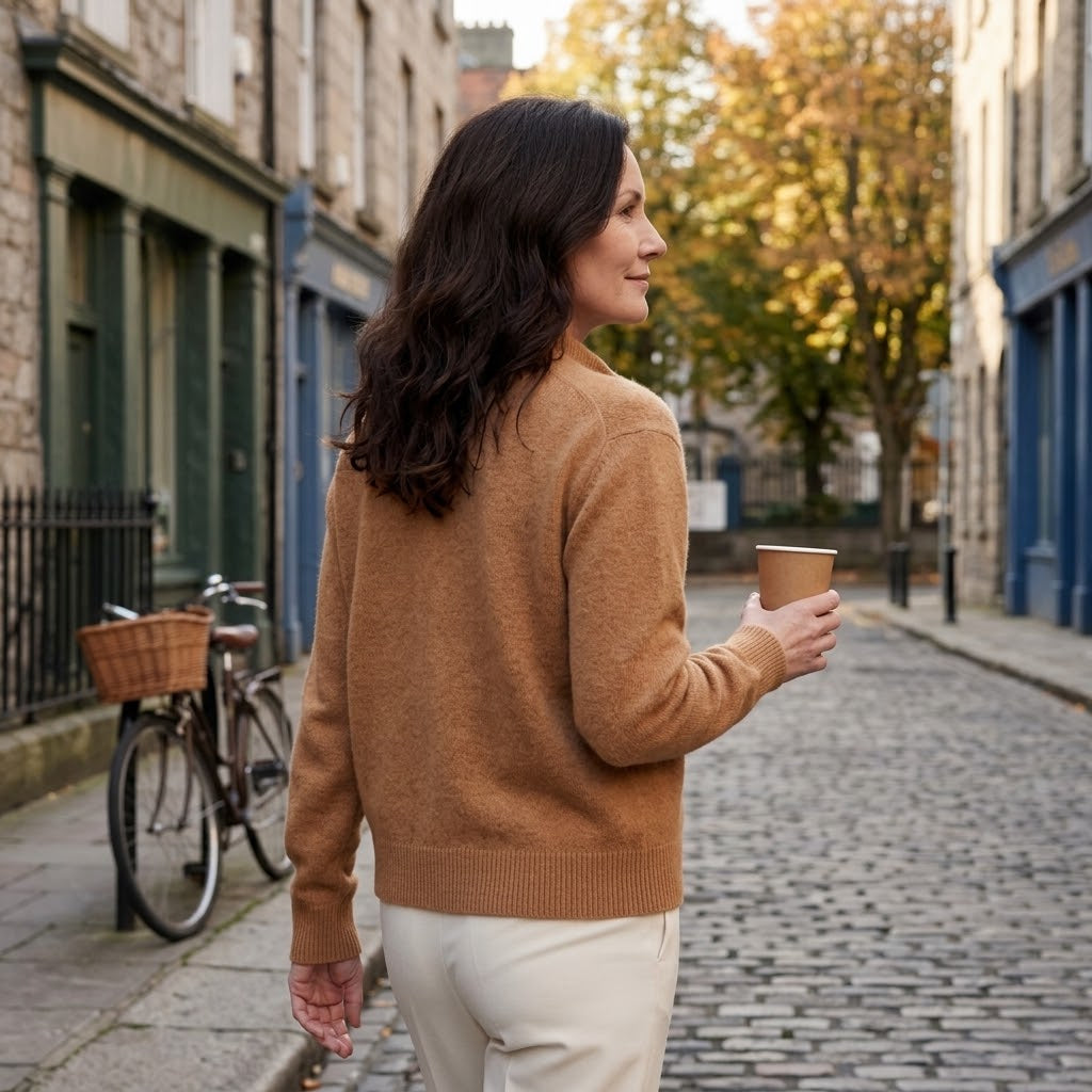 Women's Camel Button Cardigan — Soft Knit High Neck Relaxed Cardigan