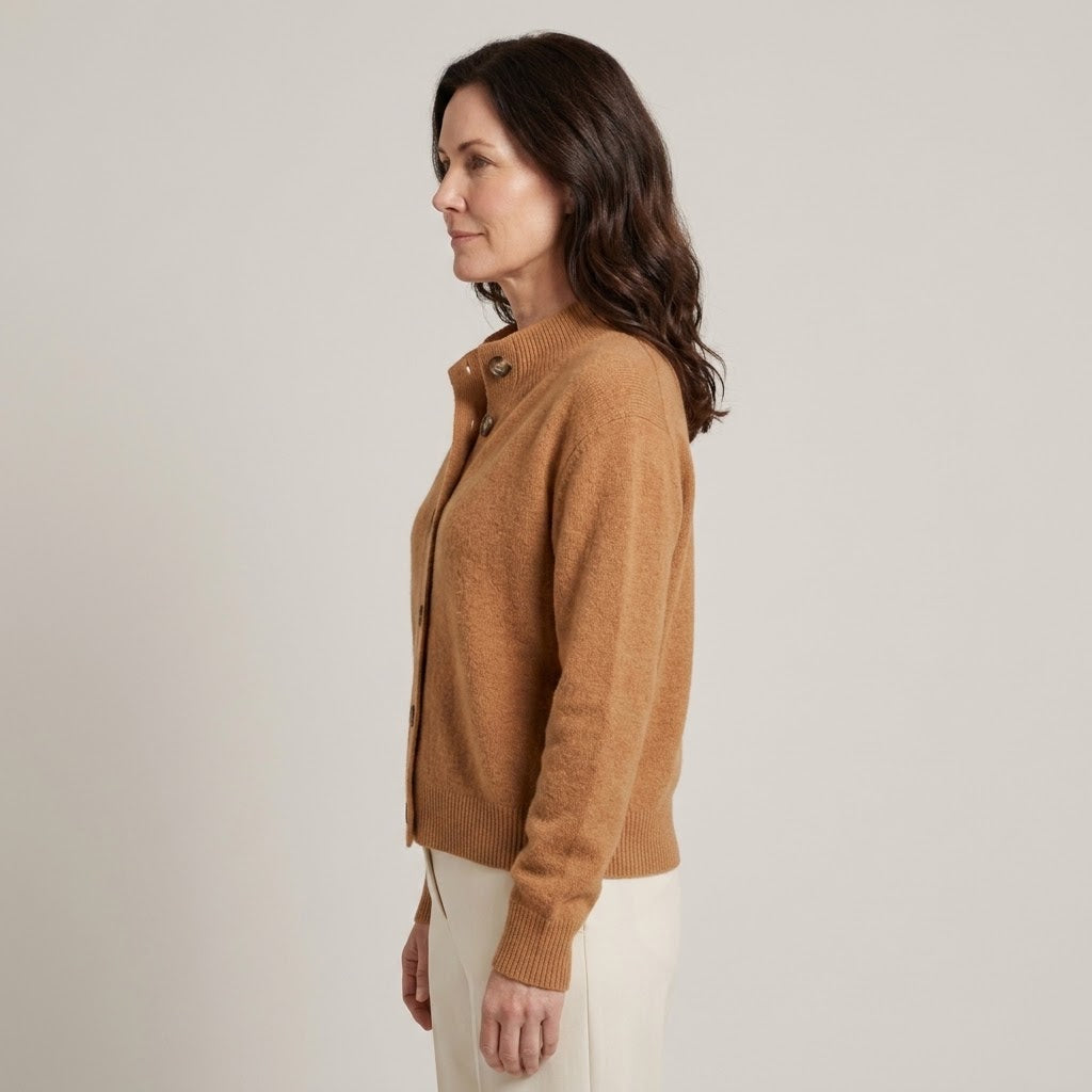 Women's Camel Button Cardigan — Soft Knit High Neck Relaxed Cardigan