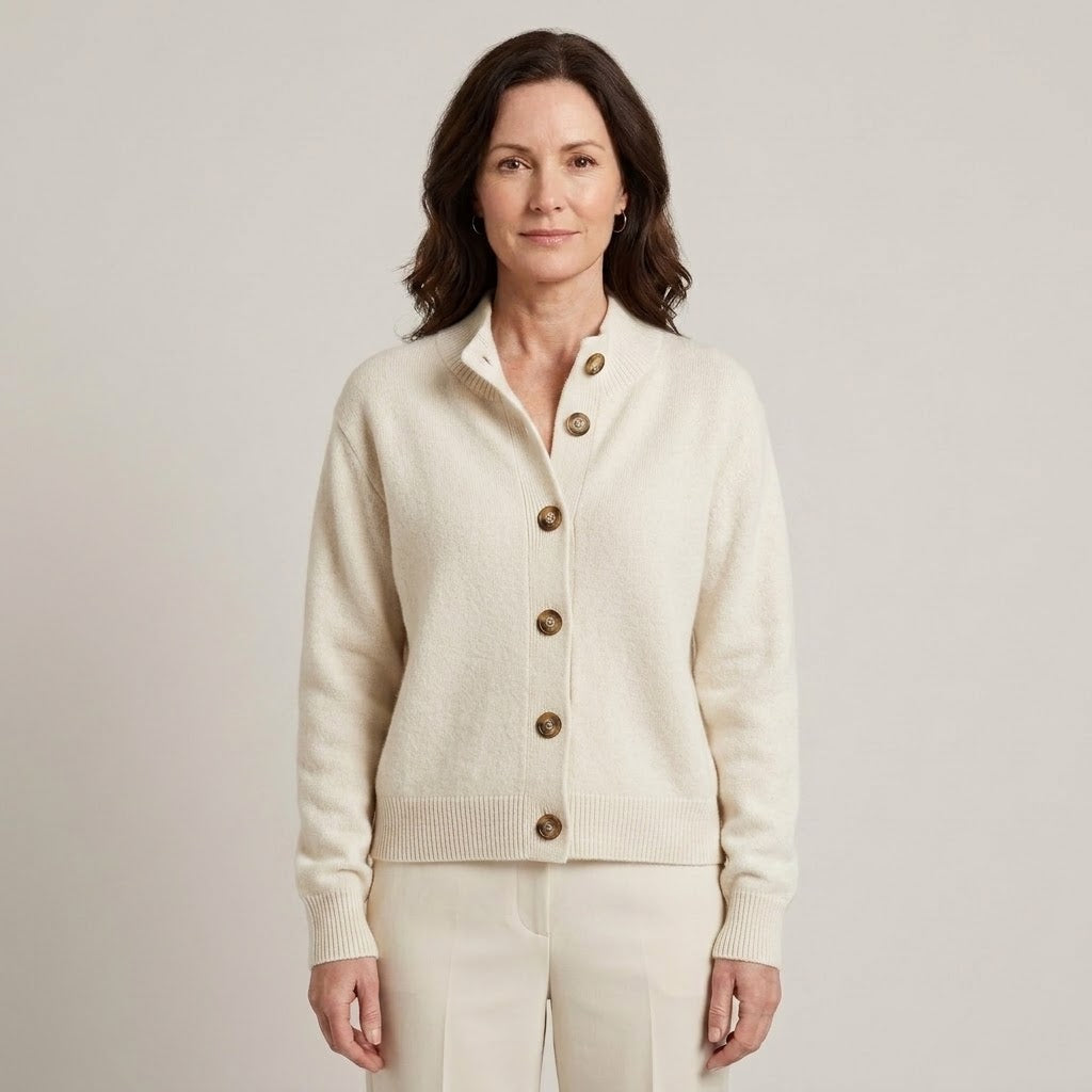 Women's Camel Button Cardigan — Soft Knit High Neck Relaxed Cardigan