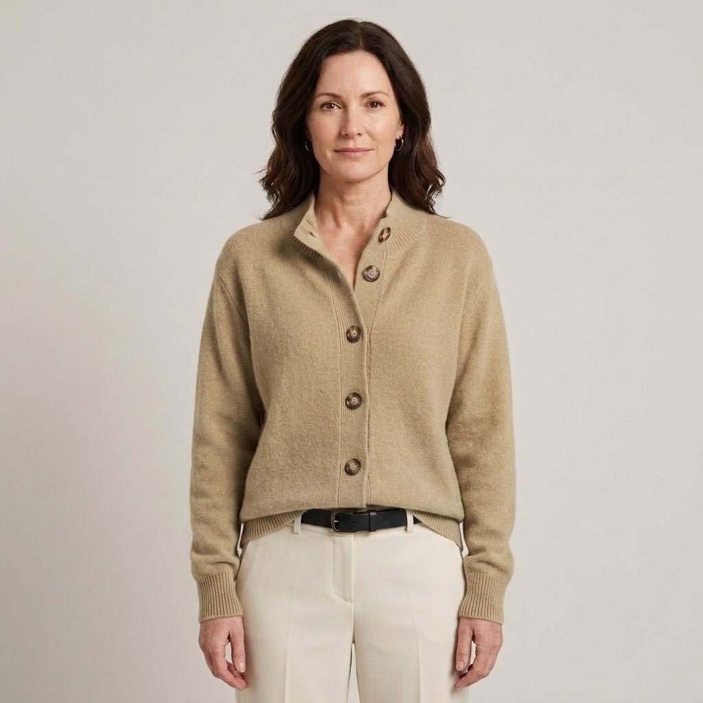 Women's Camel Button Cardigan — Soft Knit High Neck Relaxed Cardigan