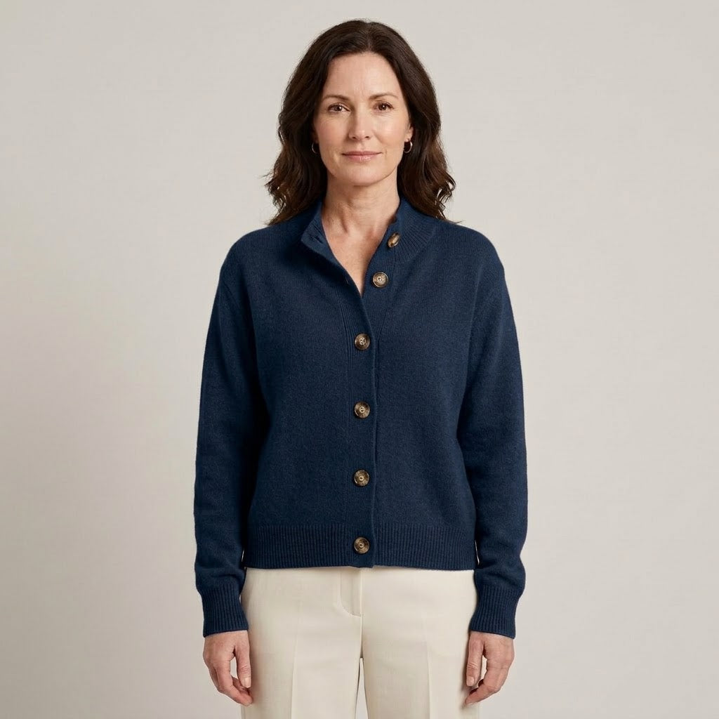Women's Camel Button Cardigan — Soft Knit High Neck Relaxed Cardigan