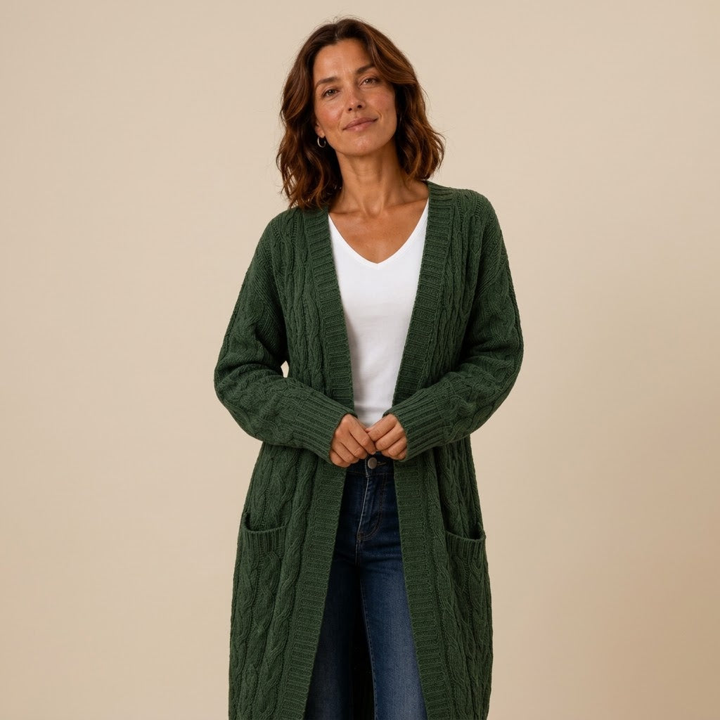 Women's Cable Knit Longline Cardigan — Open Front Long Duster Coatigan