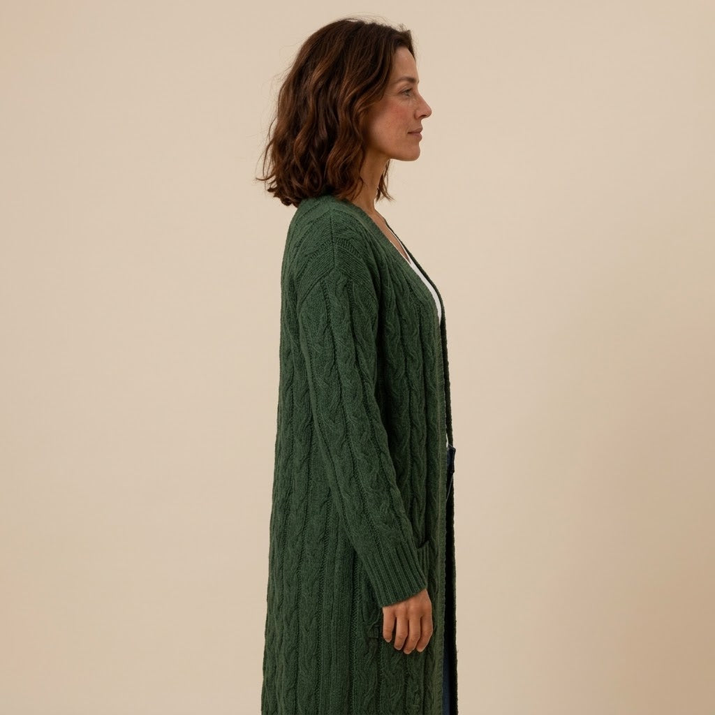 Women's Cable Knit Longline Cardigan — Open Front Long Duster Coatigan