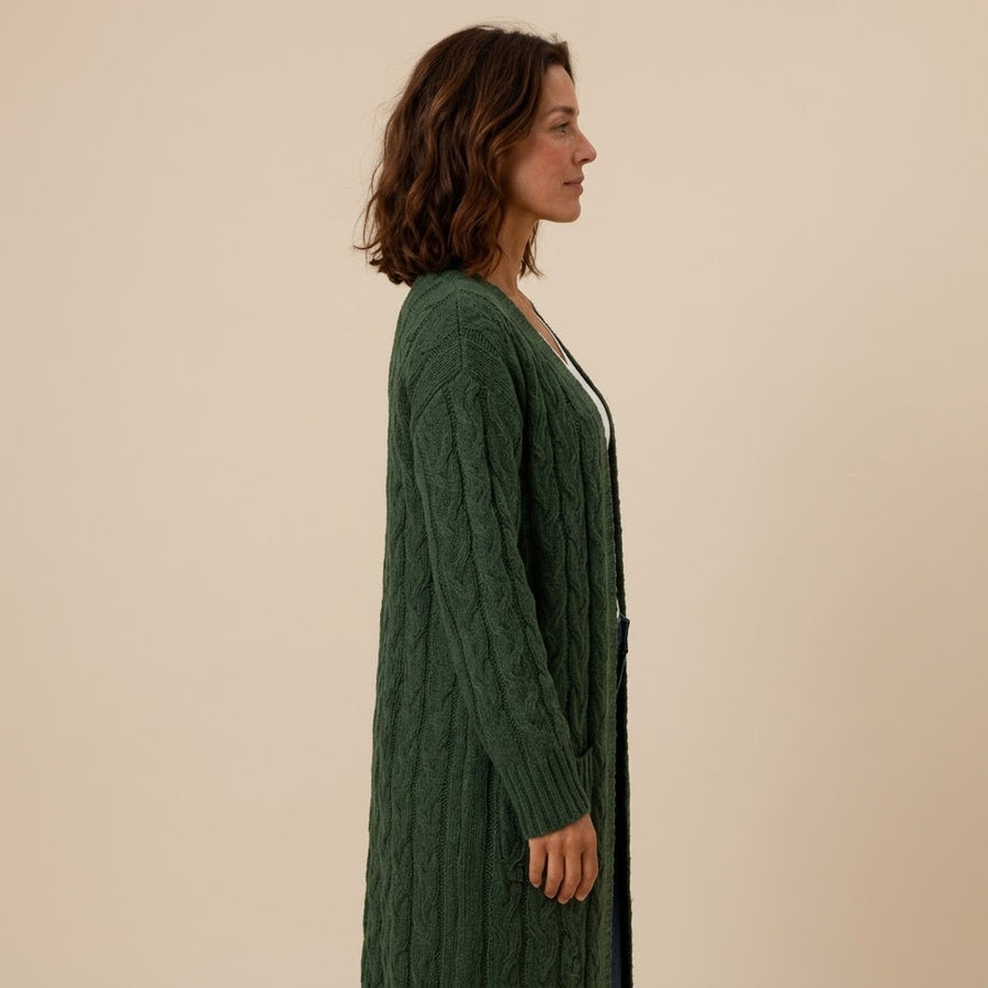 Women's Cable Knit Longline Cardigan — Open Front Long Duster Coatigan