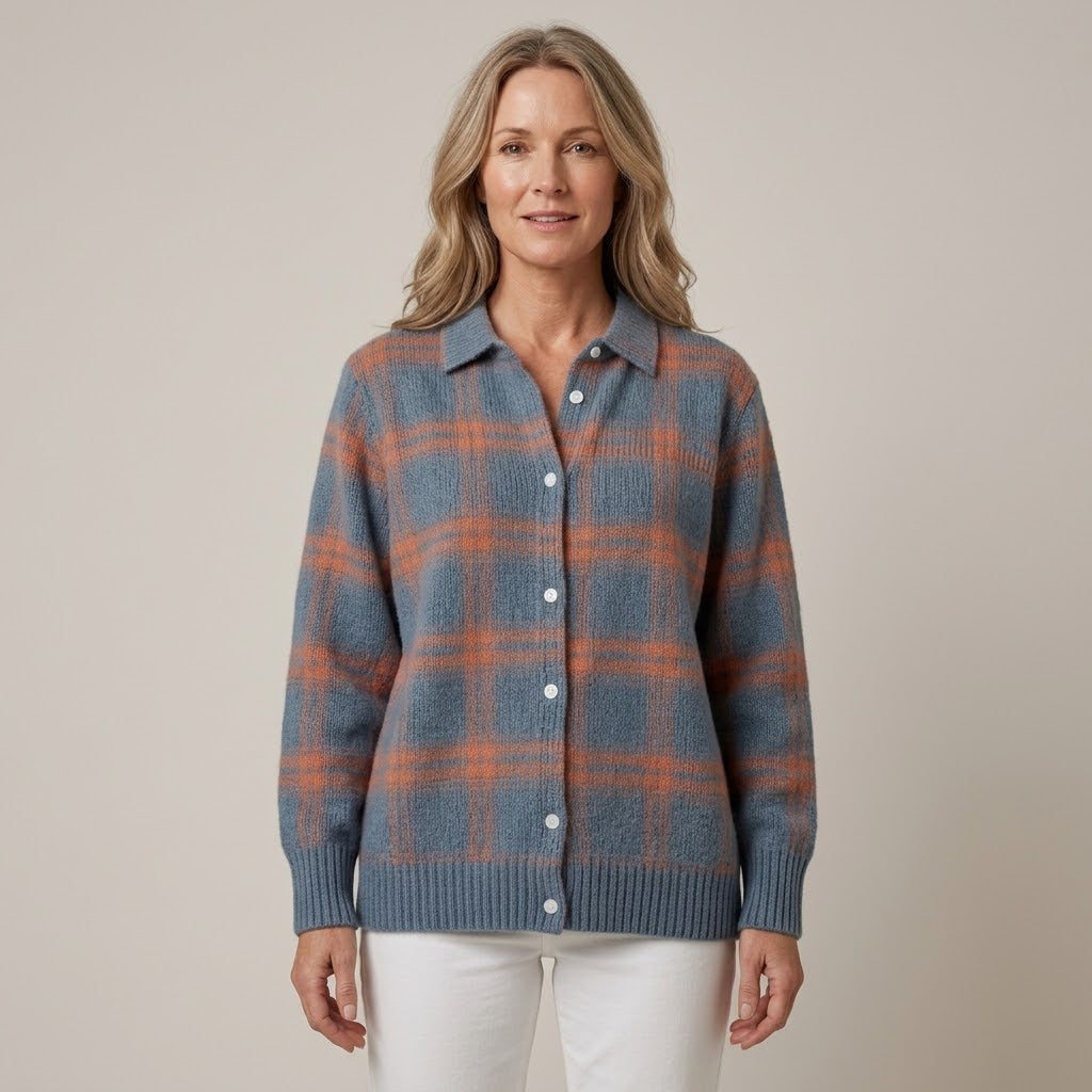 Women's Blue Check Shirt Jacket — Knitted Button Up Collared Shacket