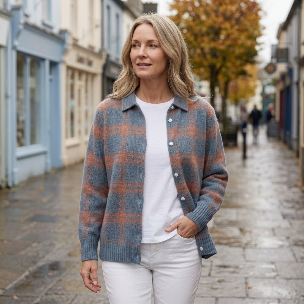 Women's Blue Check Shirt Jacket — Knitted Button Up Collared Shacket