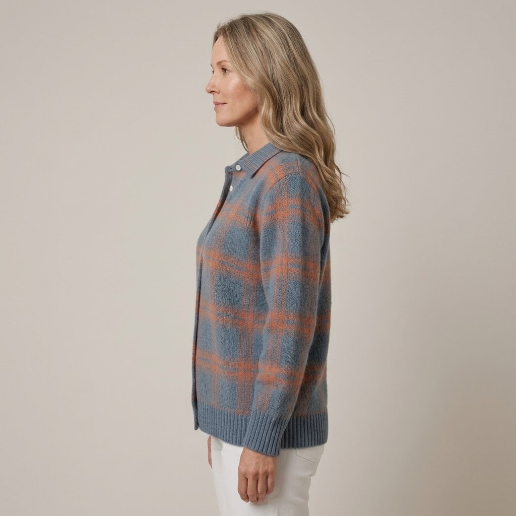 Women's Blue Check Shirt Jacket — Knitted Button Up Collared Shacket