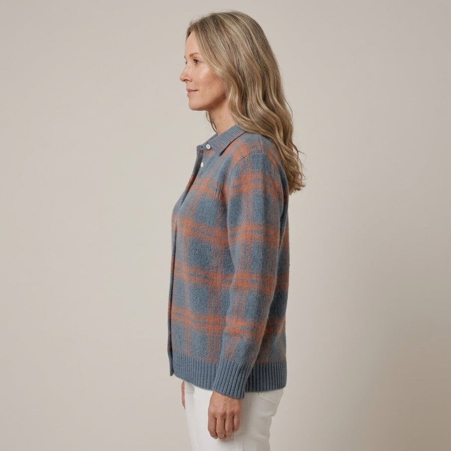 Women's Blue Check Shirt Jacket — Knitted Button Up Collared Shacket